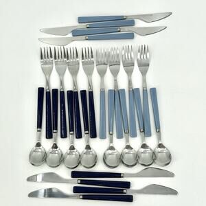 Picnic Time 24 Piece MCM Blue Tone Melamine Handled Flatware Set Stainless Retro